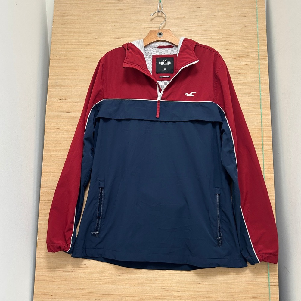 Hollister Mens Epic Flex Red Navy Blue Colorblock Quarter Zip Anorak Jacket M